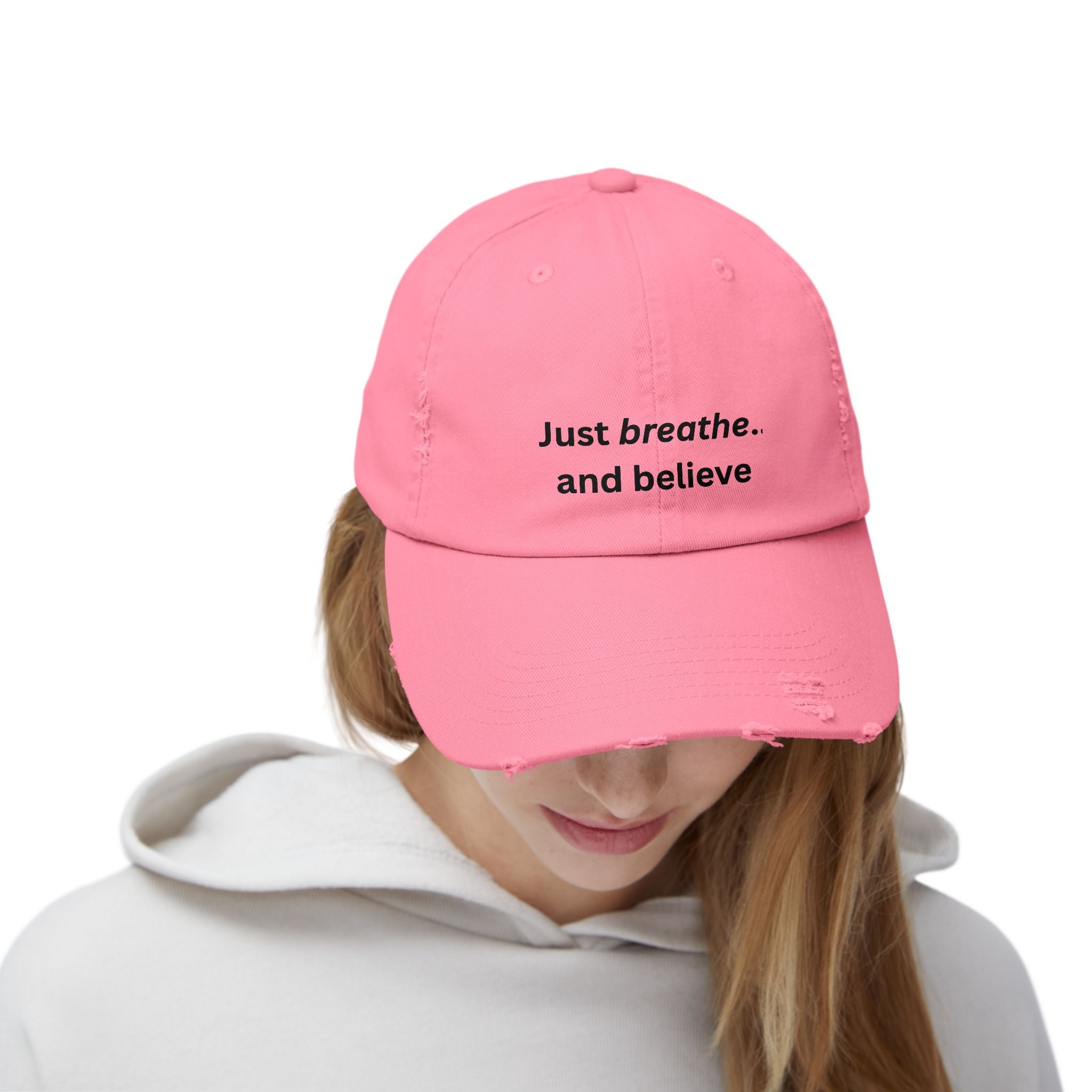 Just breathe and believe Cap | Distressed inspirational hat, embroidered text